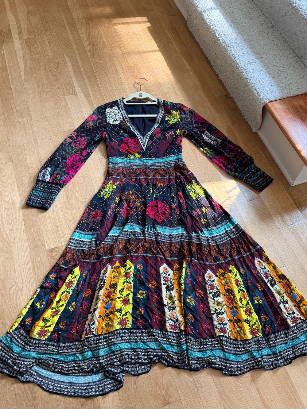 Alice + Olivia Black Maxi Dress with Multicolor Floral & Yellow Panels